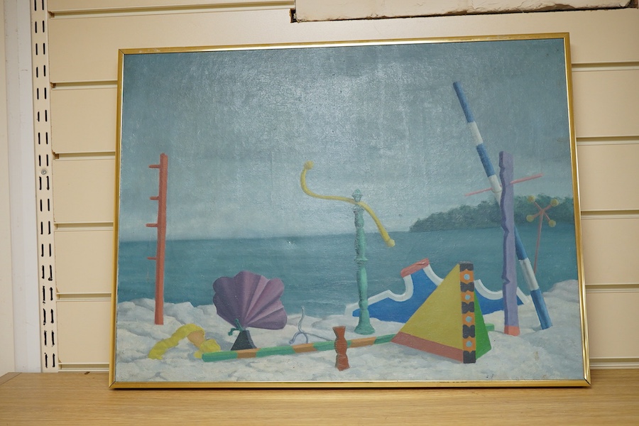 Patrick Burke (1932–2010), Two surreal beach scenes and a portrait study, each signed and inscribed verso, three oils on canvas, largest 50 x 76cm